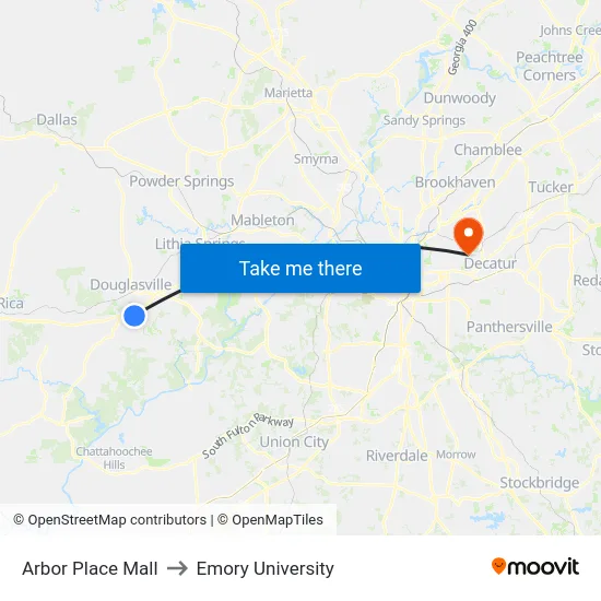 Arbor Place Mall to Emory University map