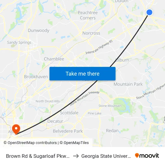 Brown Rd & Sugarloaf Pkwy IB to Georgia State University map
