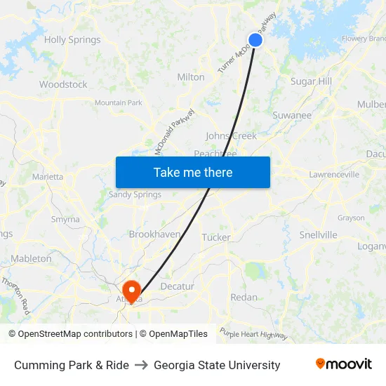 Cumming Park & Ride to Georgia State University map