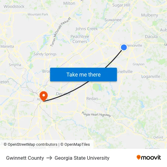 Gwinnett County to Georgia State University map