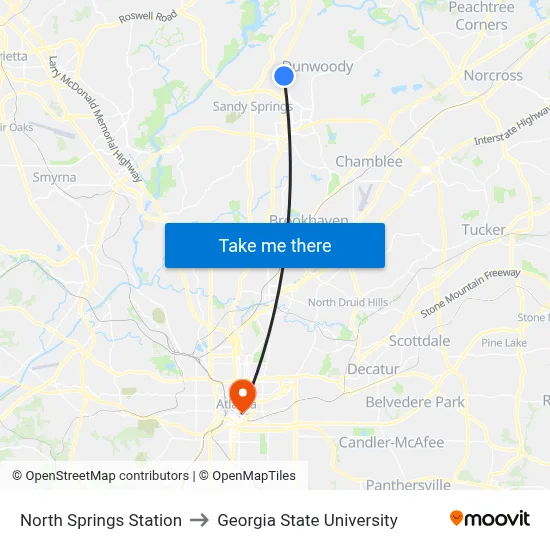 North Springs Station to Georgia State University map