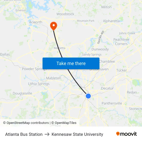 Atlanta Bus Station to Kennesaw State University map