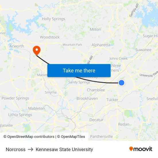 Norcross to Kennesaw State University map
