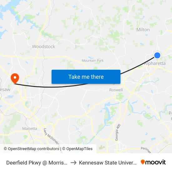 Deerfield Pkwy @ Morris Rd to Kennesaw State University map