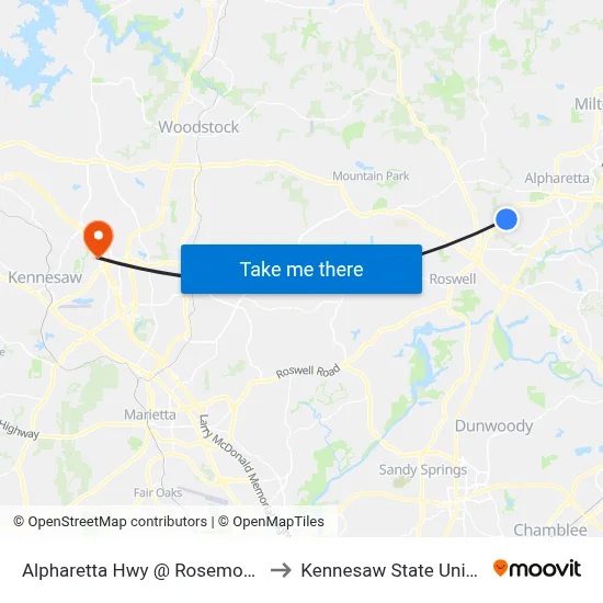 Alpharetta Hwy @ Rosemont Pkwy to Kennesaw State University map