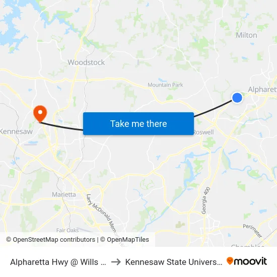 Alpharetta Hwy @ Wills Rd to Kennesaw State University map