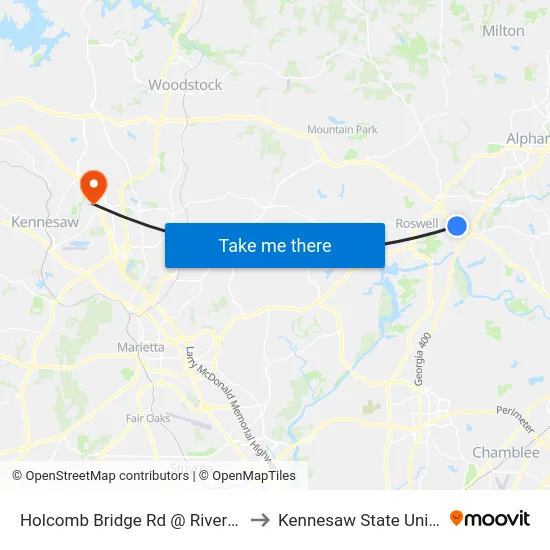 Holcomb Bridge Rd @ Riverwood Ln to Kennesaw State University map