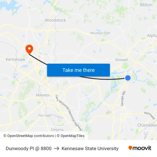 Dunwoody Pl @ 8800 to Kennesaw State University map
