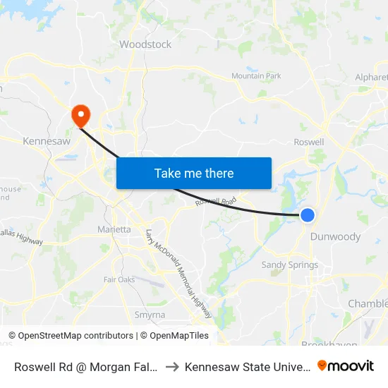 Roswell Rd @ Morgan Falls Rd to Kennesaw State University map