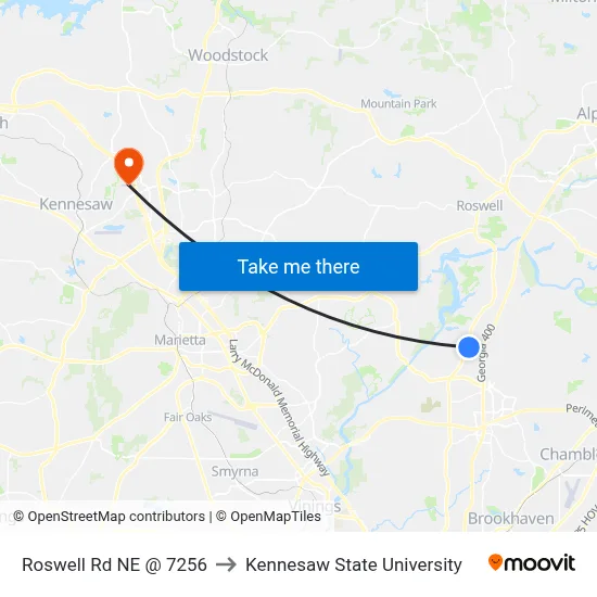 Roswell Rd NE @ 7256 to Kennesaw State University map