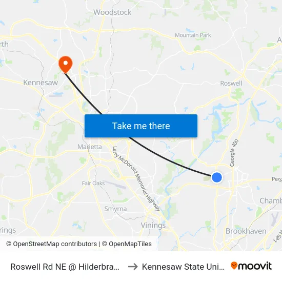 Roswell Rd NE @ Hilderbrand Dr NE to Kennesaw State University map