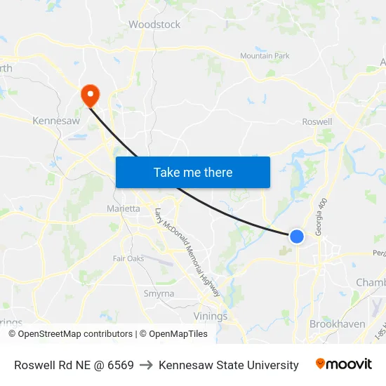 Roswell Rd NE @ 6569 to Kennesaw State University map