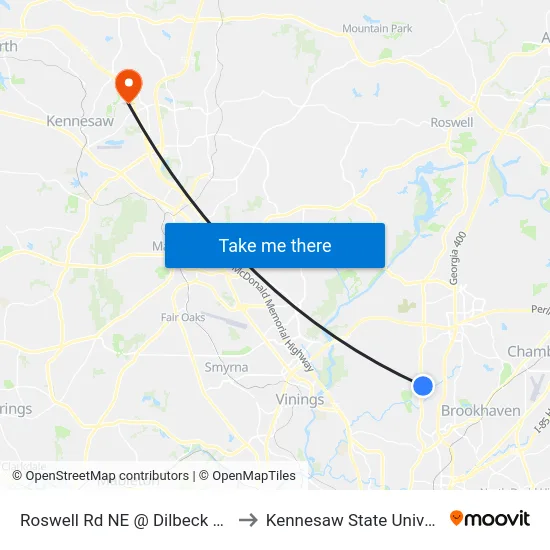 Roswell Rd NE @ Dilbeck Pl NW to Kennesaw State University map