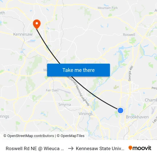 Roswell Rd NE @ Wieuca Rd NE to Kennesaw State University map