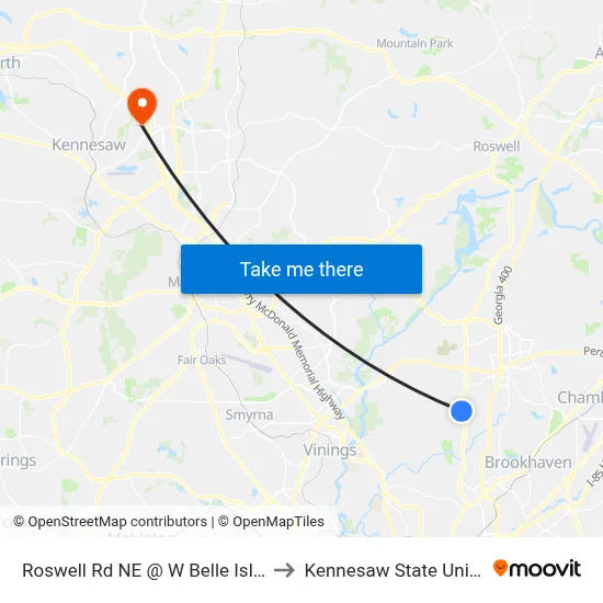 Roswell Rd NE @ W Belle Isle Rd NE to Kennesaw State University map