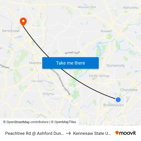 Peachtree Rd @ Ashford Dunwoody Rd to Kennesaw State University map