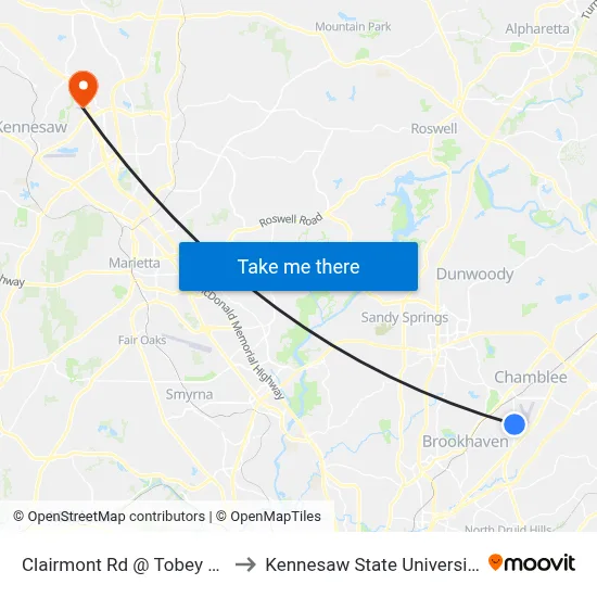 Clairmont Rd @ Tobey Rd to Kennesaw State University map