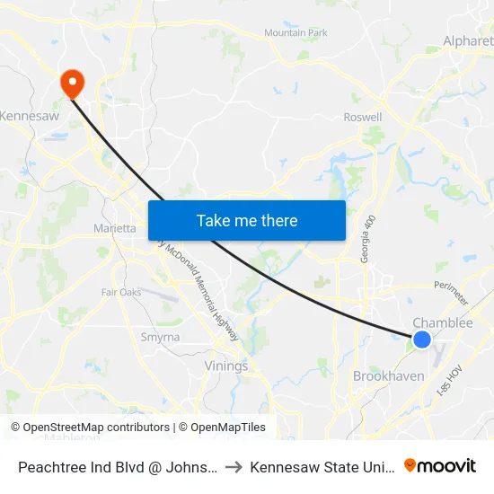 Peachtree Ind Blvd @ Johnson Ferry to Kennesaw State University map