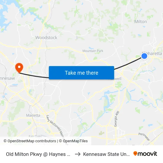 Old Milton Pkwy @ Haynes Bridge Rd to Kennesaw State University map