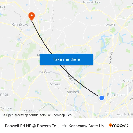 Roswell Rd NE @ Powers Ferry Rd NW to Kennesaw State University map