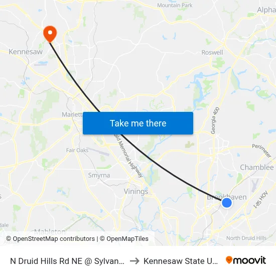 N Druid Hills Rd NE @ Sylvan Cir NE (N) to Kennesaw State University map