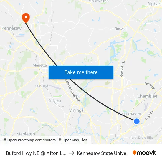Buford Hwy NE @ Afton Ln NE to Kennesaw State University map
