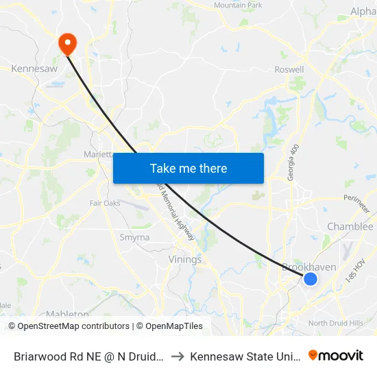 Briarwood Rd NE @ N Druid Hills Rd to Kennesaw State University map