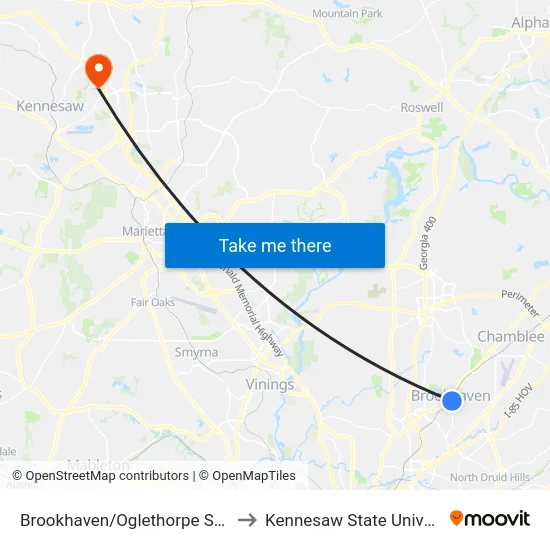 Brookhaven/Oglethorpe Station to Kennesaw State University map