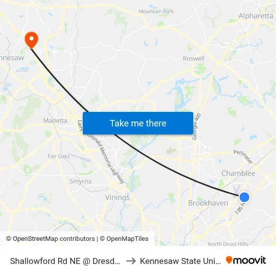 Shallowford Rd NE @ Dresden Dr NE to Kennesaw State University map