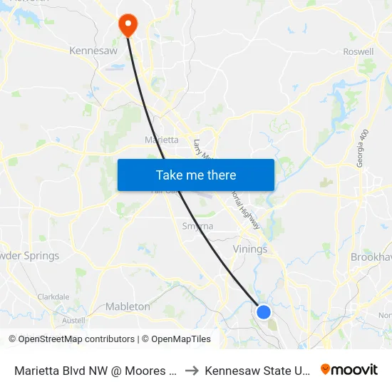 Marietta Blvd NW @ Moores Mill Rd NW to Kennesaw State University map