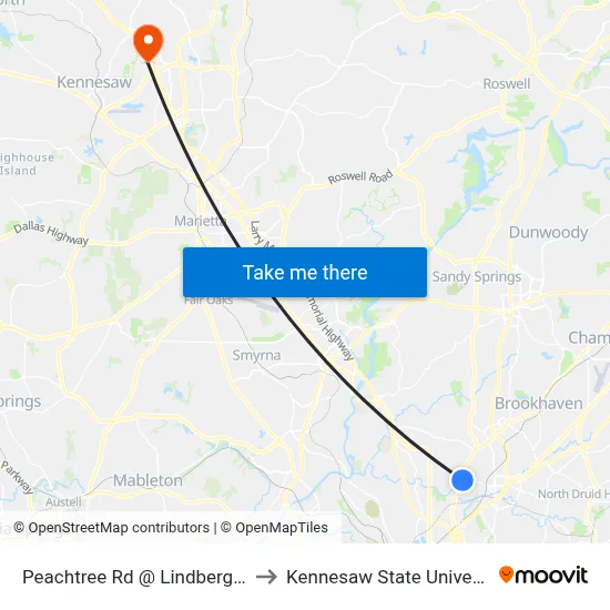 Peachtree Rd @ Lindbergh Dr to Kennesaw State University map