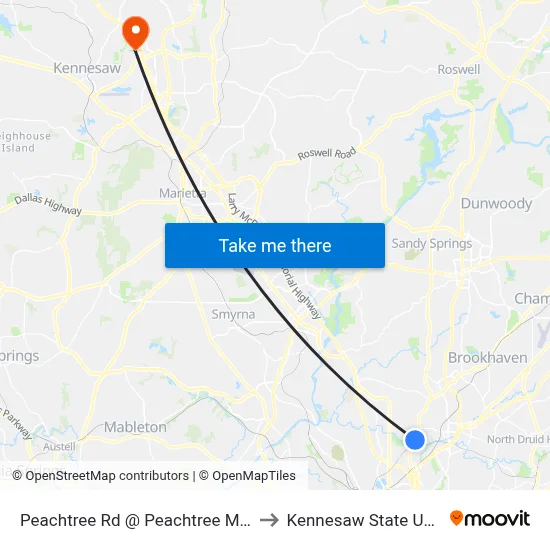 Peachtree Rd @ Peachtree Memorial Dr to Kennesaw State University map