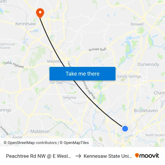 Peachtree Rd NW @ E Wesley Rd NE to Kennesaw State University map