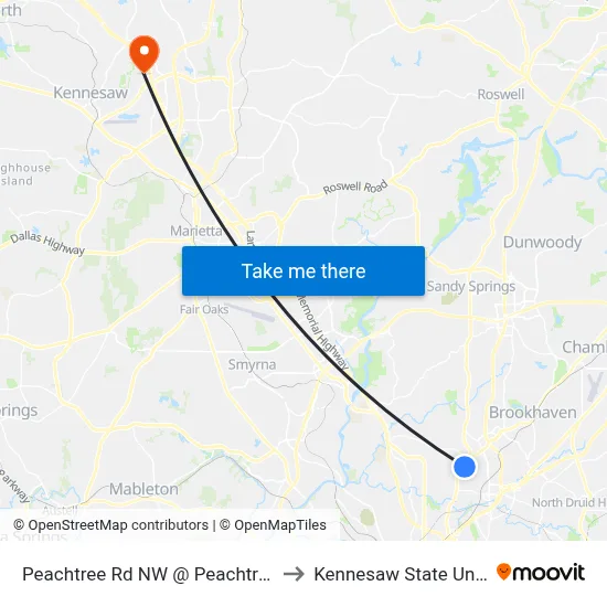Peachtree Rd NW @ Peachtree Ave NE to Kennesaw State University map