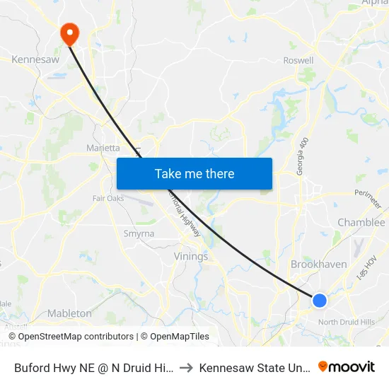 Buford Hwy NE @ N Druid Hills Rd NE to Kennesaw State University map