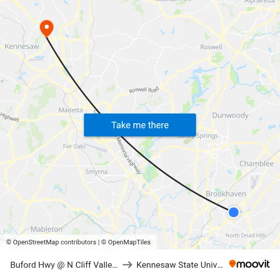 Buford Hwy @ N Cliff Valley Way to Kennesaw State University map
