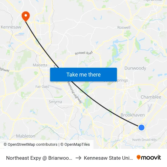 Northeast Expy @ Briarwood Rd NE to Kennesaw State University map
