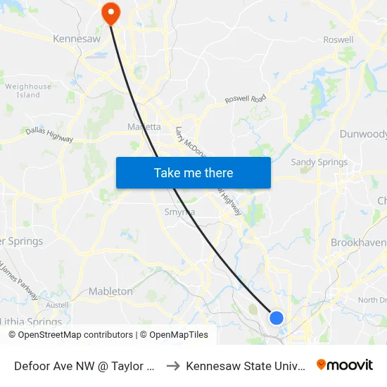 Defoor Ave NW @ Taylor St NW to Kennesaw State University map