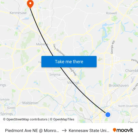 Piedmont Ave NE @ Monroe Dr NE to Kennesaw State University map