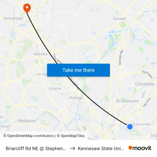 Briarcliff Rd NE @ Stephens Dr NE to Kennesaw State University map