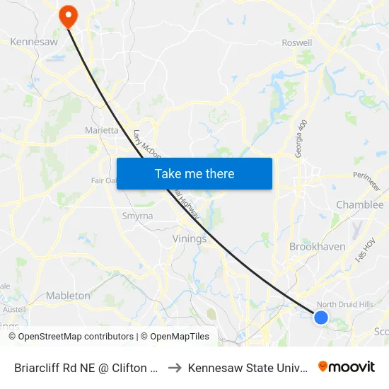 Briarcliff Rd NE @ Clifton Rd NE to Kennesaw State University map