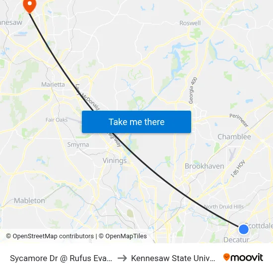 Sycamore Dr @ Rufus Evans Dr to Kennesaw State University map