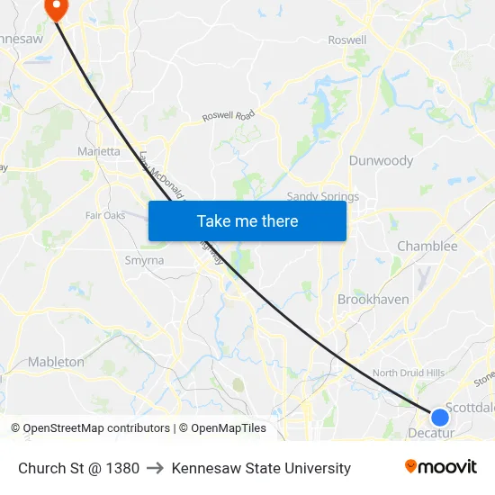 Church St @ 1380 to Kennesaw State University map