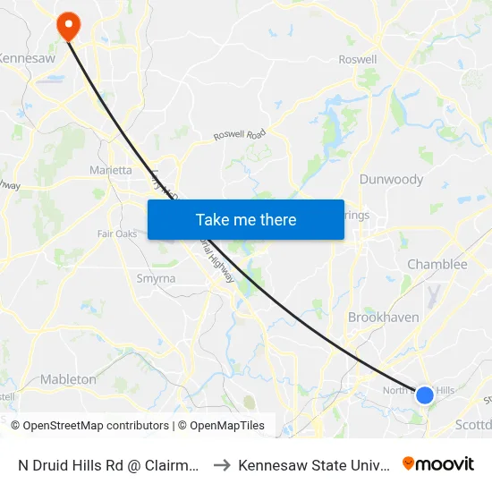 N Druid Hills Rd @ Clairmont Rd to Kennesaw State University map