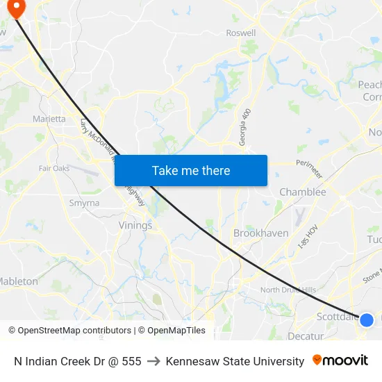 N Indian Creek Dr @ 555 to Kennesaw State University map