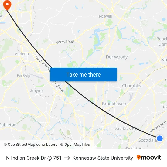N Indian Creek Dr @ 751 to Kennesaw State University map