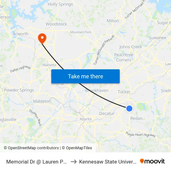 Memorial Dr @ Lauren Pkwy to Kennesaw State University map