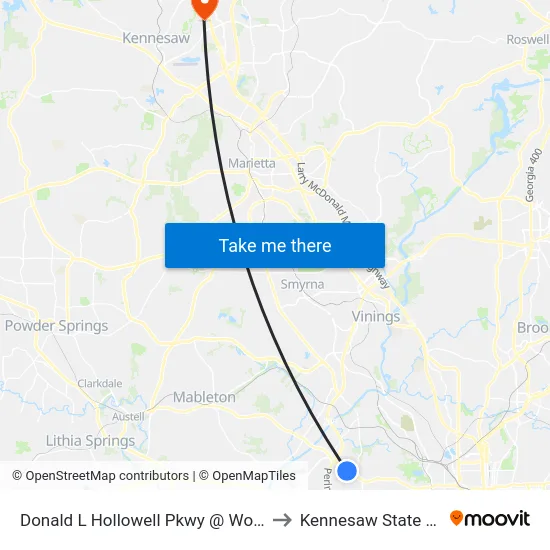 Donald L Hollowell Pkwy @ Woodmere Dr NW to Kennesaw State University map