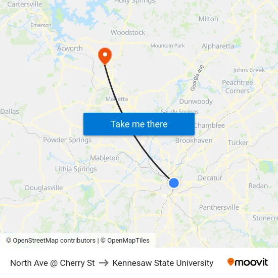 North Ave @ Cherry St to Kennesaw State University map