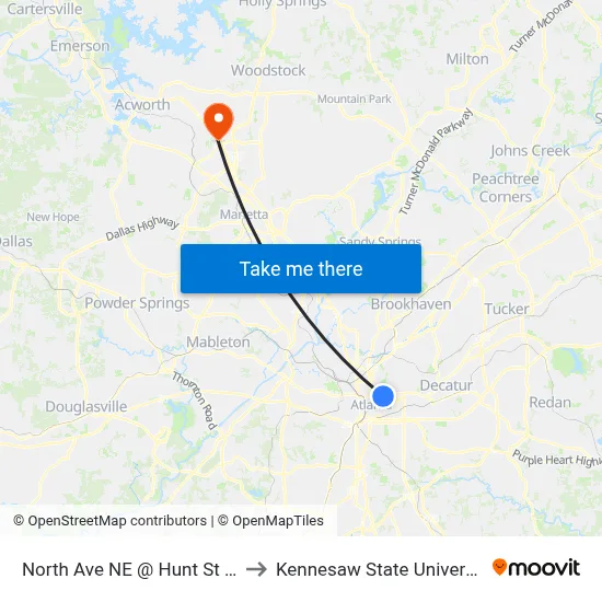 North Ave NE @ Hunt St NE to Kennesaw State University map